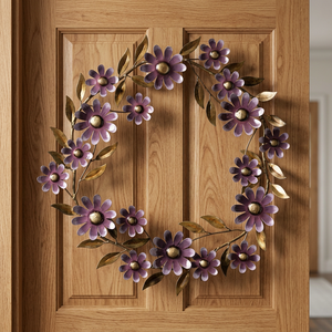 Corona Floral Rústica de Metal, Redonda, Hecha a Mano, Decorativa, con Flores, Arte de Pared sin Iluminación, Hojas Moradas y Doradas - Product Image 6