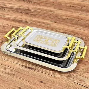 Stainless Steel Silver Serving Tray With Handles Gold Sevring Tray Stainless Steel Rectangular Arabic Style Metal Pattern Plate