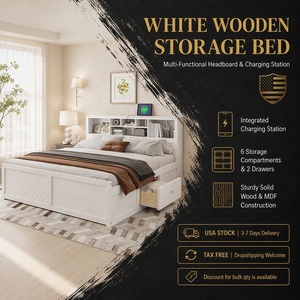 [Stock US] Livraison Gratuite <span class=keywords><strong>Lit</strong></span> Plateforme Moderne Blanc King-Size en Bois Massif avec Tête de <span class=keywords><strong>Lit</strong></span> <span class=keywords><strong>Multi</strong></span>-Compartiments Expédition Domestique aux États-Unis - Product Image 1