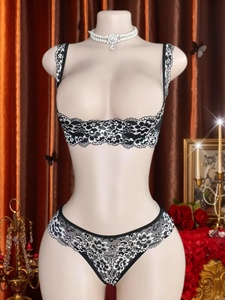 Conjunto de lencería sexy de encaje de 2 piezas para <span class=keywords><strong>mujer</strong></span>, sujetador con aros y bordado floral, tanga, ropa interior transpirable de jersey - Product Image 1