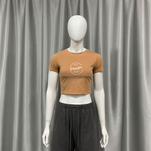 Vente <span class=keywords><strong>en</strong></span> gros de t-shirts courts d'été de haute qualité pour femme t-shirts personnalisés unis col <span class=keywords><strong>rond</strong></span> couleur assortie élastique couleur rétro - Product Image 4