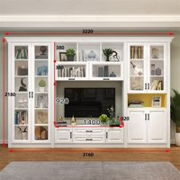 Meuble TV mural américain et bibliothèque combinés, avec portes vitrées blanches, bibliothèque de présentation et console TV intégrées