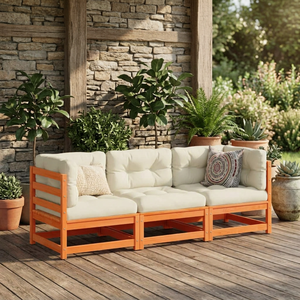 Rustic <b>Wood</b> Garden <b>Sofa</b> Three Seat Outdoor Furniture with Cream Cushions Durable <b>Frame</b> - Product Image 2