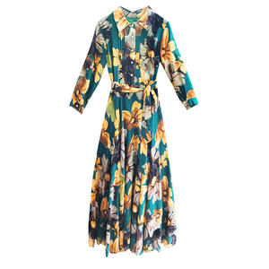 Lente Herfst Dames Jurk Met Lange Mouwen Grote Zoom A-Lijn Chiffon Overhemd Kraag Revers Knoop Dame Bloemen Casual Maxi Lange Jurk - Product Image 4