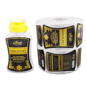 Rollo personalizado de flexografía, Impresión de logotipo, impermeable, botella de miel de abeja, conjunto de etiquetas adhesivas, papel de aluminio dorado, etiqueta de embalaje para tarro de miel