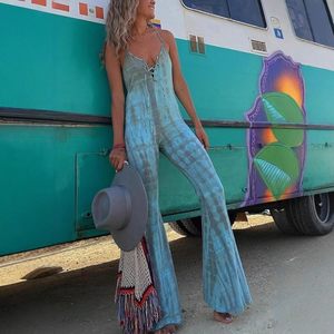 Combinaison Tie Dye pour femme VOIKERDR, dos nu, pantalon évasé, une pièce, en coton modal respirant, à lacets, pour soirée - Product Image 5