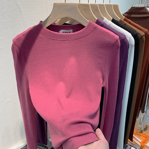 Top de medio cuello alto con patrón sólido informal elegante para mujer, nueva camisa Base de punto grueso para otoño e invierno, manga larga teñida lisa - Product Image 1