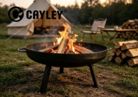 Brasero rond en métal avec poignées doubles et support à 3 pieds, foyer à bois pour camping, jardin, cour arrière, chauffage extérieur