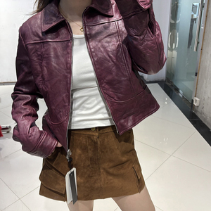 เสื้อแจ็คเก็<span class=keywords><strong>ต</strong></span>หนังแท้ทรงครอปสำหรับผู้หญิง ทรงเข้ารูป ผลิตจากหนังแกะแท้ - Product Image 4