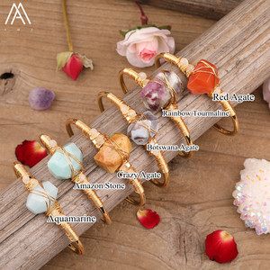 Pulsera de cuentas de Nugget de piedra de cristal Natural, brazalete abierto de cobre dorado envuelto con alambre - Product Image 4