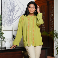 Pakaian Kasual Elegan Grosir, Model Regular Fit, Siluet Longgar, Lengan Panjang, Kerah Cina, Bordir, Bahan Cheesecloth