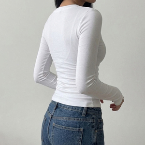 Women's V Neck Long Sleeve <b>Crop</b> <b>Top</b> Breathable Stretchy Solid Color Slim Fit Casual Tee Spandex/Polyester - Product Image 4