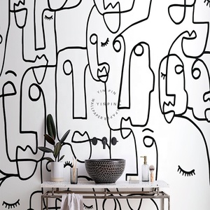 <span class=keywords><strong>Papier</strong></span> <span class=keywords><strong>peint</strong></span> mural détachable <span class=keywords><strong>noir</strong></span> <span class=keywords><strong>et</strong></span> <span class=keywords><strong>blanc</strong></span>, grande surface, <span class=keywords><strong>dessin</strong></span> au trait abstrait, visage - Product Image 1