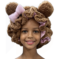 Bonnet de nuit en gros pour enfants, extérieur en peluche, intérieur en satin, bord festonné, nœud, oreilles d'ours, 28 cm de diamètre, assortiment de six couleurs pour filles