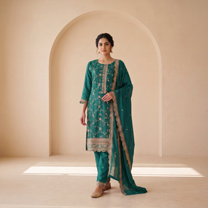 Ensemble Salwar traditionnel brodé bleu sarcelle avec dupatta, coupe régulière longueur cheville, tenue indienne et pakistanaise pour femme - Product Image 1