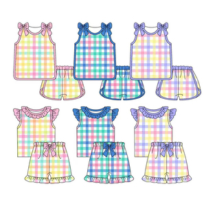 Preordine MOQ 5 Set Vestito e Pantaloncini per Bambina, Vestito <span class=keywords><strong>a</strong></span> Quadretti Rosa con Fiocco Blu e Design Floreale, Vendita all'Ingrosso - Product Image 4