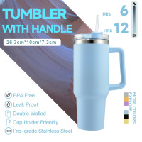 Tumbler Stainless Steel 40oz Bebas BPA 18/8 Dinding Ganda Terisolasi dengan Sedotan, Pegangan Ergonomis, untuk Kopi, Perjalanan, Mobil, dan Komuter