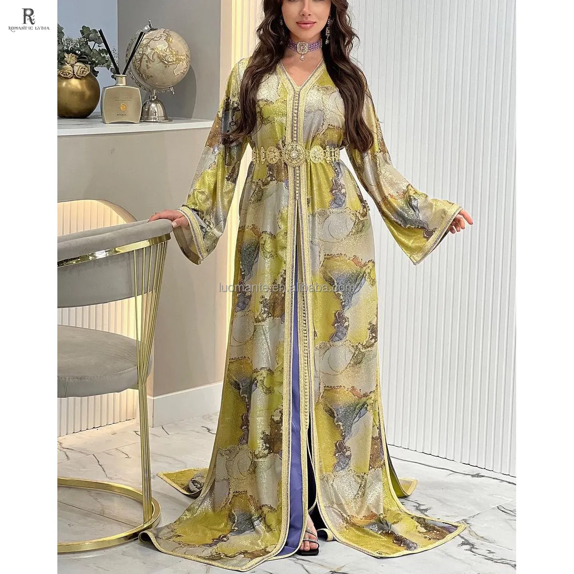 مصنع مخصص اليدوى الفاخرة دبي قفطان مسلم مغربي قفطان فستان زفاف مع حزام