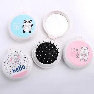 Factory Lovely Compact Folding Hairbrush With Mirror Popular Custom Animal Printing Mini Air Cushion Hair Brush As Gifts