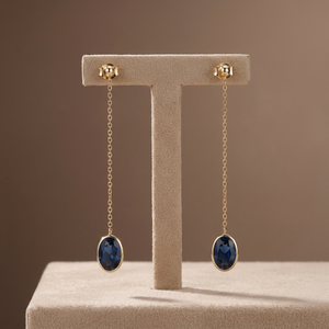 Blue Oval Drop Earrings 24K Gold Plated Bezel Setting Classic Chain Dangle for Women Party Gift - Product Image 2