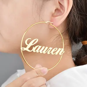 Custom Statement Fashion Stylish Jewellery Earings Tags With Logo Titanium steel Customized Name Hoop Earrings
