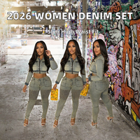 Ensemble 2 pièces Y2K pour femme, collection automne 2026 : veste courte en jean stretch à fermeture éclair et jean taille haute skinny ajusté style streetwear