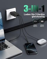 Chargeur 65W 3 ports 2Type-C+USB-A PD QC3.0 Adaptateur de charge rapide Prise EU Chargeur mural portable pour téléphone Ordinateur portable Tablette