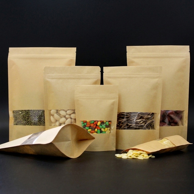 EcoFriendly Recyclable Clear Window Kraft Paper StandUp Pouch with Zip Lock Closure for Food Sushi & Pet Food