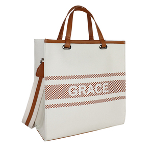 Sac fourre-tout en tricot à rayures marron personnalisable – Corps blanc éclatant, bandoulière réglable en PU, prix d'usine compétitifs - Product Image 2