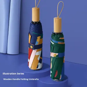 Serie de Ilustraciones Manuales, Sombrilla Plegable con Mango de Madera Pequeño, Vinilo Anti-UV, <span class=keywords><strong>Protector</strong></span> <span class=keywords><strong>Solar</strong></span>, Diseño Creativo y Personalizado para Mujeres Coreanas - Product Image 1