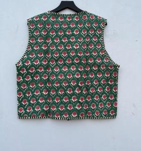 Handmade Women's Floral Printed Cotton <b>Puffer</b> Quilted <b>Jacket</b> V-Neck Front Open Tie-Sleeveless Short Category Women's <b>Vests</b> - Product Image 6