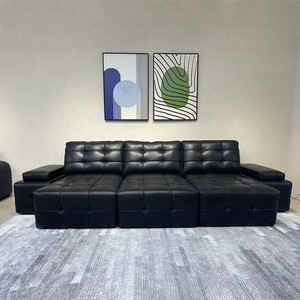 Canapé-lit moderne en cuir véritable à trois places, extensible, avec dossier rembourré, écologique, durable, confortable, assise profonde - Product Image 4