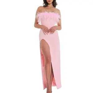 Benutzer definierte hochwertige Mode Feder Maxi High Slit Kleid Sexy Hot Sale Träger loses Damen kleid Party Abend Club Kleid