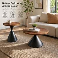 Table basse ronde moderne en bois massif avec plateau à rainures concentriques, table d'appoint élégante et artistique avec base conique en métal noir