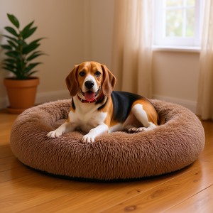 Cama Redonda para Mascotas de Felpa Sintética Marrón Medio, Antideslizante, Extraíble y Lavable para Perros, para Interiores, para Todas las Estaciones - Product Image 2