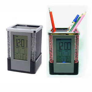 Haonan Office Supplies Store Electronic Pen Holder Square Metal Mesh Desk Clock With Led Display For Office Use - Product Image 2