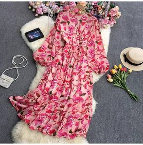 <span class=keywords><strong>Taille</strong></span> unique Robe romantique Rétro Tempérament floral Col en V Ceinture simple boutonnage <span class=keywords><strong>Grande</strong></span> robe balançoire - Product Image 3