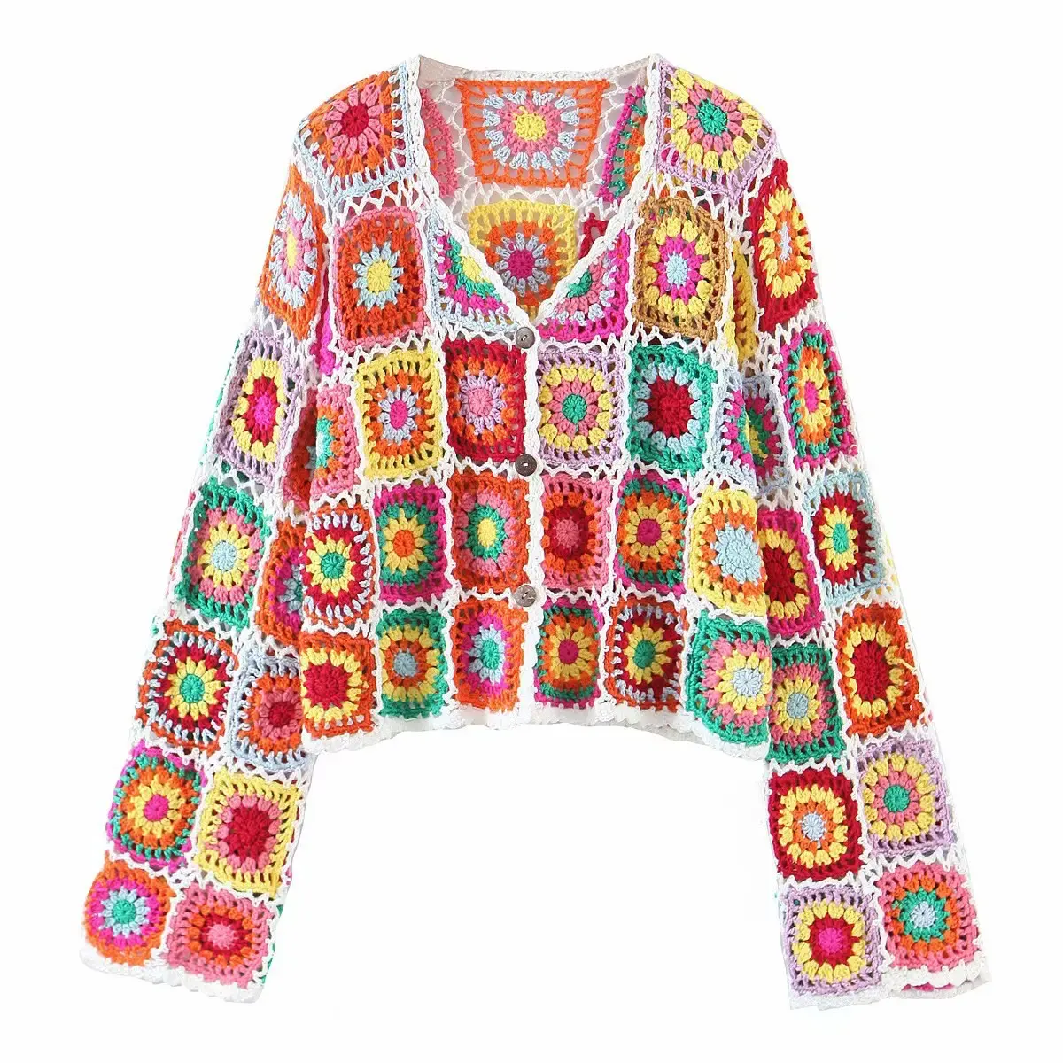 Private Label Cardigan knitted sweater women tops Square Hand Crochet Plaid Pattern knitted jacket