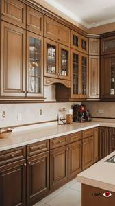 Armoires de <span class=keywords><strong>cuisine</strong></span> américaines en bois massif avec portes en verre vintage, rangement personnalisé pour la rénovation de toute la maison/villa - Product Image 2