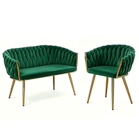 Fauteuil d'appoint en velours pour salon, style luxe léger, avec dossier tissé à la main et pieds en métal doré
