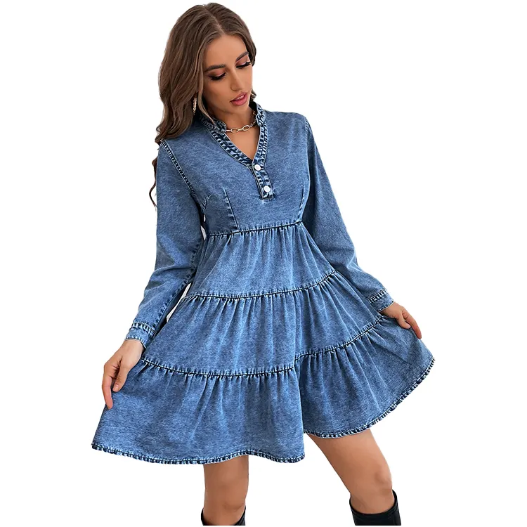 Fashion Jeans Gowns Dresses Button Front Flounce Tiered A-line Jean Denim Dress For Female