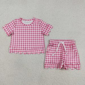 Hot Selling Boutique Girls Summer Casual 2 Piece Spandex/Cotton <b>Clothes</b> Short Sleeve Gingham Print Scallop Tops Shorts Outfits - Product Image 4