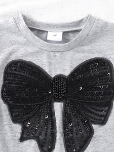 Conjunto de Dos Piezas para Niñas: <span class=keywords><strong>Sudadera</strong></span> Gris con Lazo de Lentejuelas y Pantalones Negros Acampanados, un Conjunto Casual Dulce y Moderno - Product Image 5