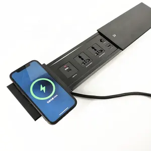 Aluminium Geïntegreerde Multifunctionele Universele Power Data Desk Gemonteerde Schuifaansluiting Met Usb-C Draadloze Oplader Rj45 Cat6