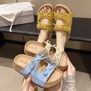 Yellow Suede Slide Sandals <b>Open</b> Toe Flat Heel Platform Comfortable Summer Women's <b>Shoes</b> with Bow Decoration - Product Image 4