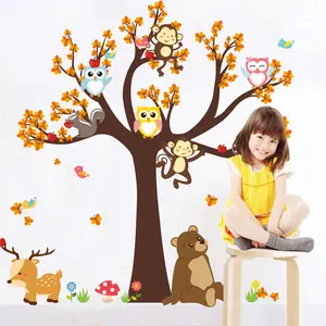 ورق حائط كرتوني على شكل قرد وبومة ودب وشجرة ديكور غرف الأطفال ديكور غرف المعيشة أفضل الهدايا للأطفال