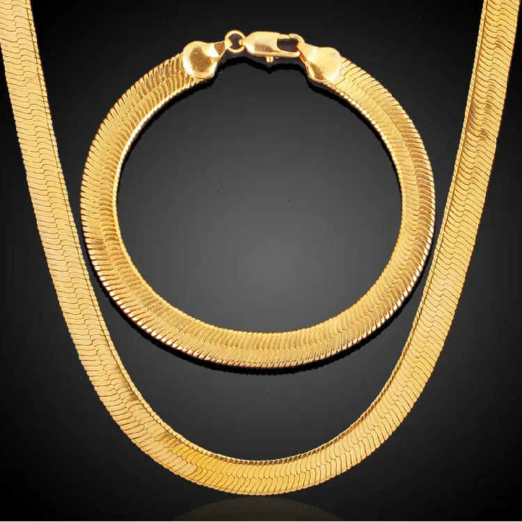 Grosir Kalung Hip Hop Lapisan Emas Kuning, Kalung Rantai Herringbone Berlapis Emas 14K Ular Datar 3Mm 4Mm 7Mm 10Mm