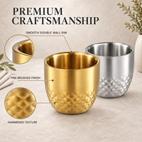 Vente en gros de tasses à saké en acier inoxydable à double paroi martelé de 100 ml, or et argent, pour la dégustation, pour restaurants, hôtels, bars