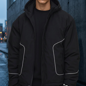 Veste matelassée à capuche pour homme, noire unie, coupe-vent, fermeture éclair, décontractée, pour l'hiver, coupe régulière, en polyester - Product Image 4