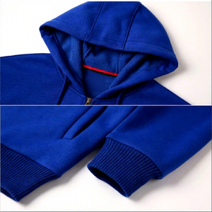 Men's Hooded Zip-Up Sweatshirt Solid Color Casual Knitted Regular Fit Winter Blue Long Sleeve Pocket Design Embroidered French - Product Image 3